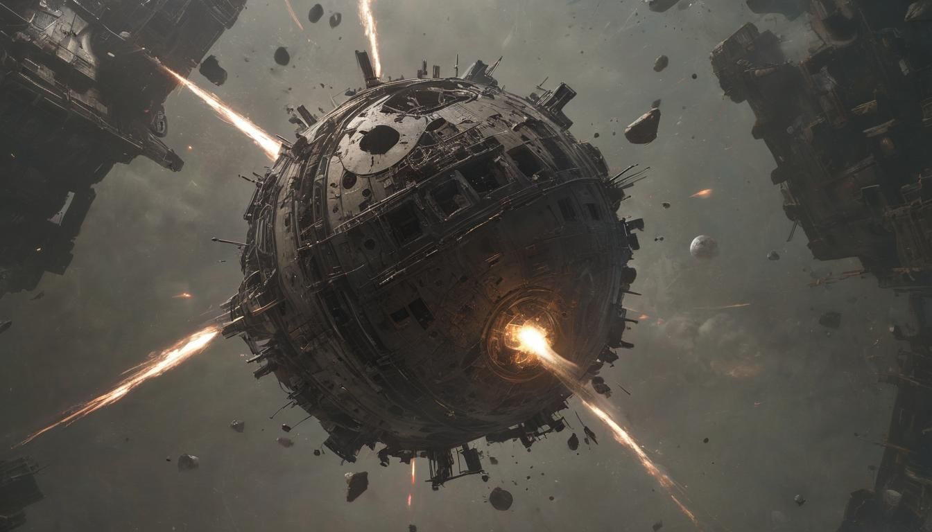 sphere shaped "rat rod" spacecraft, being torn apart by shif...