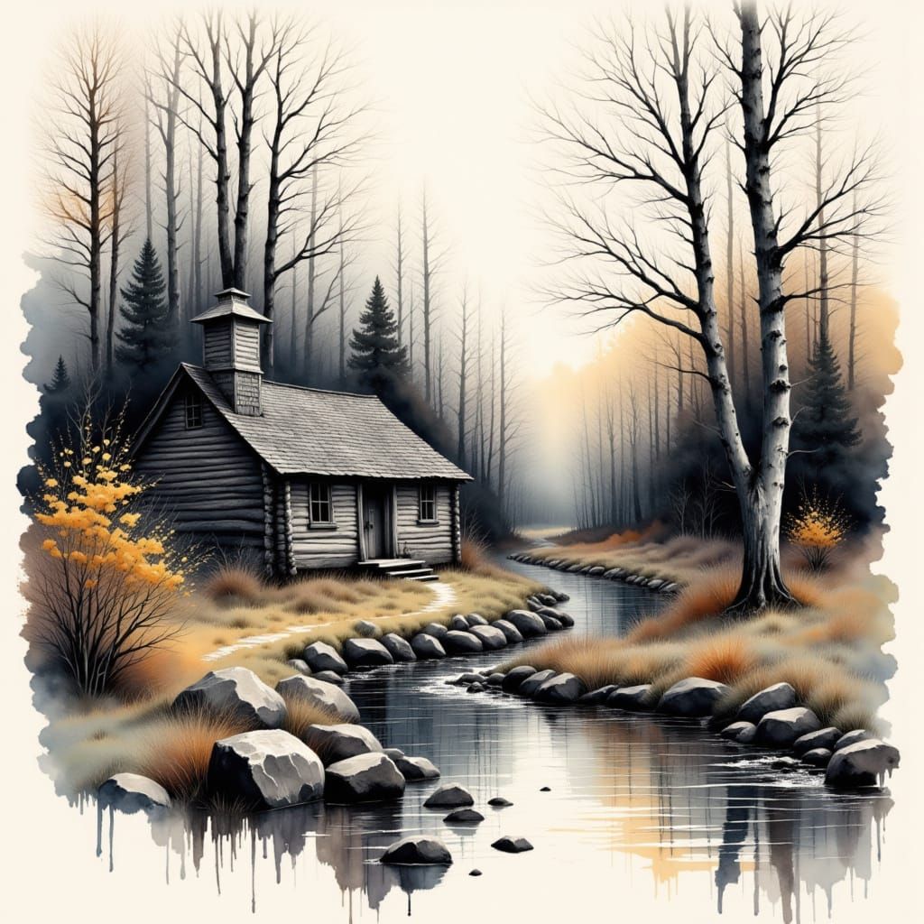 A weathered log cabin stands alone by a winding river on an autumn day.