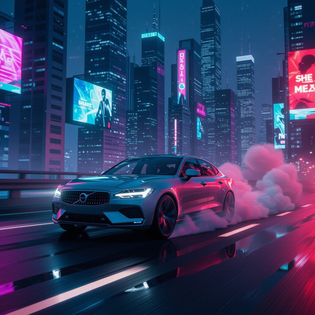 Volvo Races Through Neon-Lit Cyberpunk City