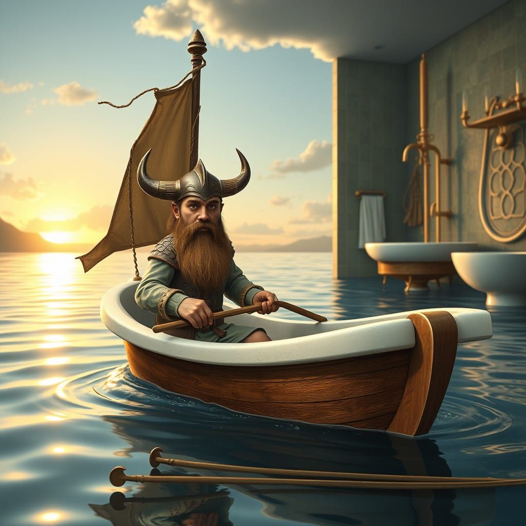 Viking Warrior Navigates Gargantuan Bathtub in Sunrise Glow