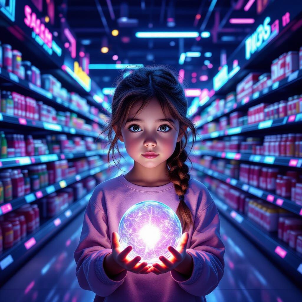 Girl in Futuristic Supermarket with Glowing Orb