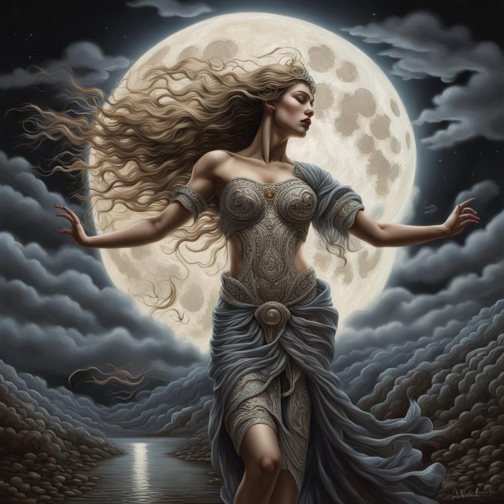 Aurai Goddess Dancing Under Moonlight in Pre-Raphaelite Styl...