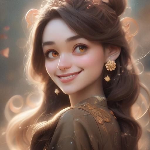 <lora:Dox-02:1.0> beautiful young girl with long brown hair and brown eyes pom pom Earings smiling 