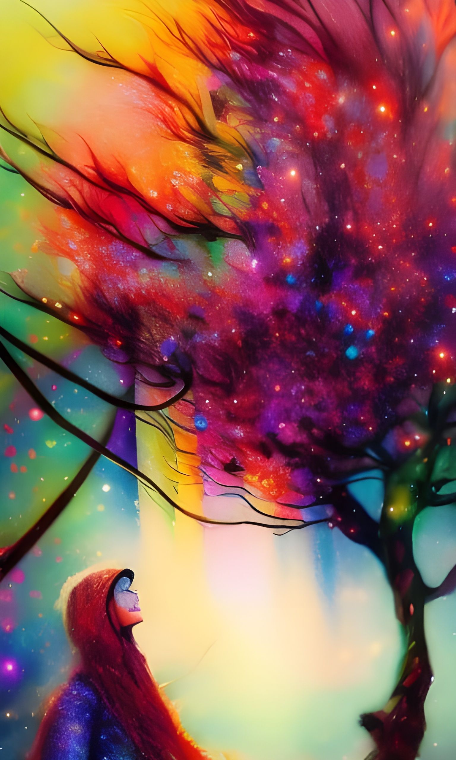 Glittering Fire Tree in Maximalist Photoillustration