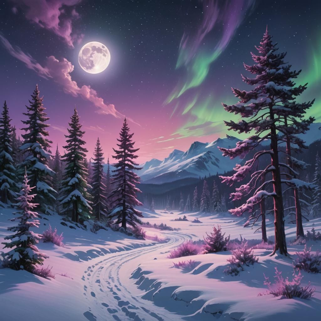 Serene Snowy Landscape Under Full Moon, Northern Lights