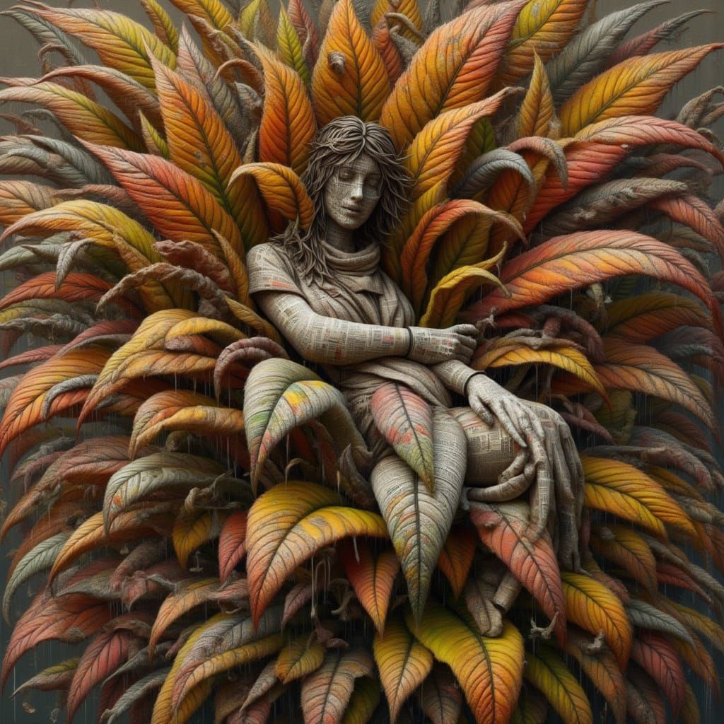 <lora:kak-karnivora:1.0> Wild huge lush bold Autumn plant, a huge woman sleeping inside, mixed media