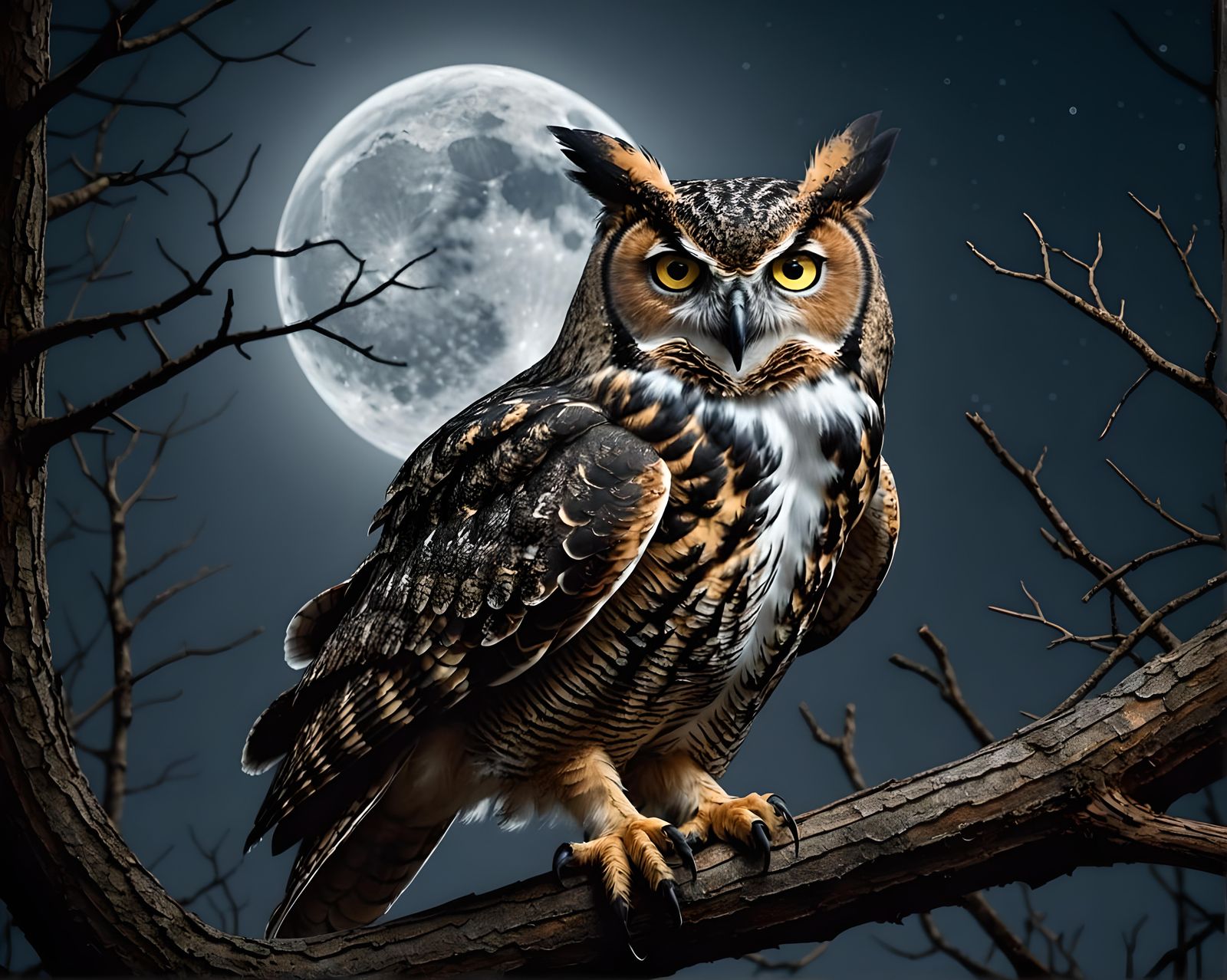 Great horned owl hunting at night illuminated by a full moon