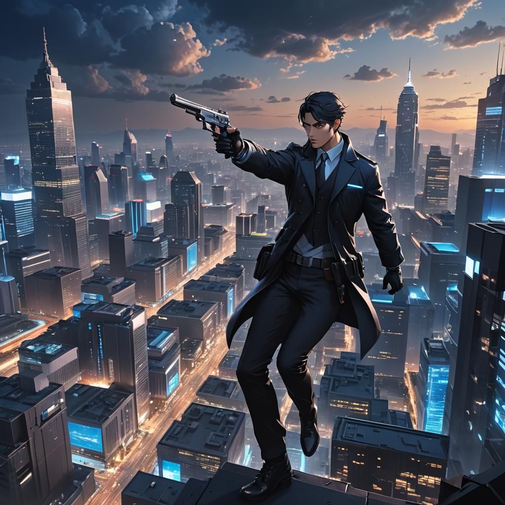a dark place where a man wearing agent cloths having a pisto...