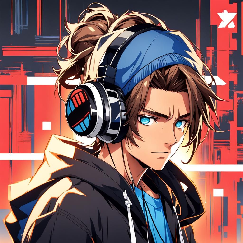 A feminine teen male with tan skin, long brown hair pulled u...