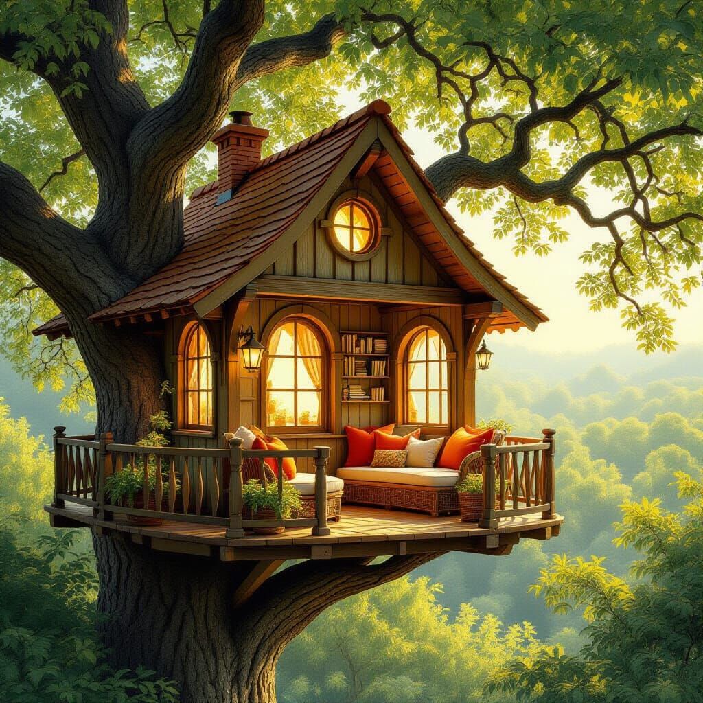 A cozy, sun-drenched treehouse nestled high in the branches of an ancient, enchanted oak. Soft, warm light spills from its windows, illumina...