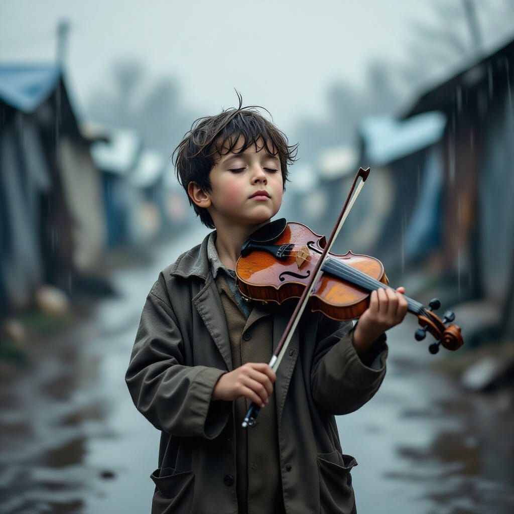 Refugee Boy with Violin in Rainy Camp - AI Art