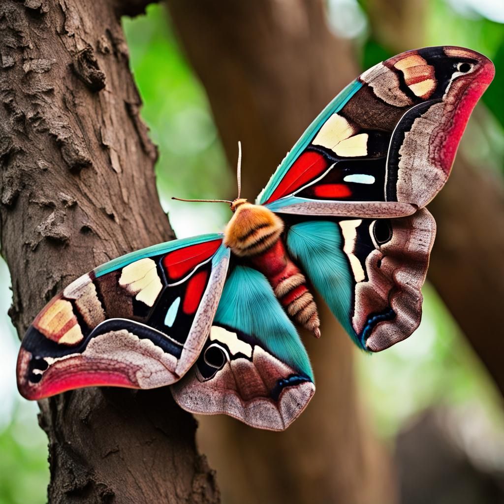 EXOTIC MOTH RESTS ON A TREE.