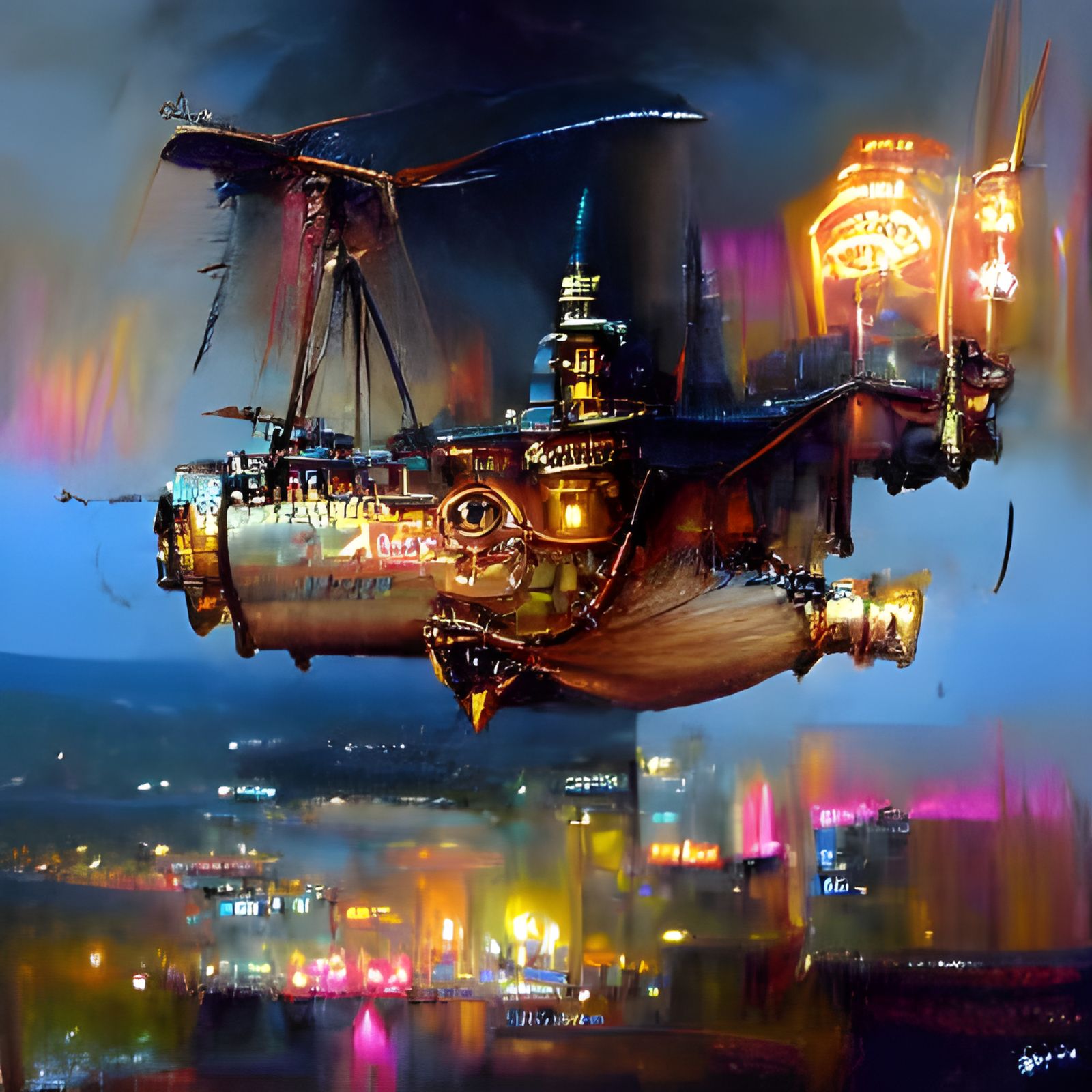 Flying Steampunk City over Neon Cityscape