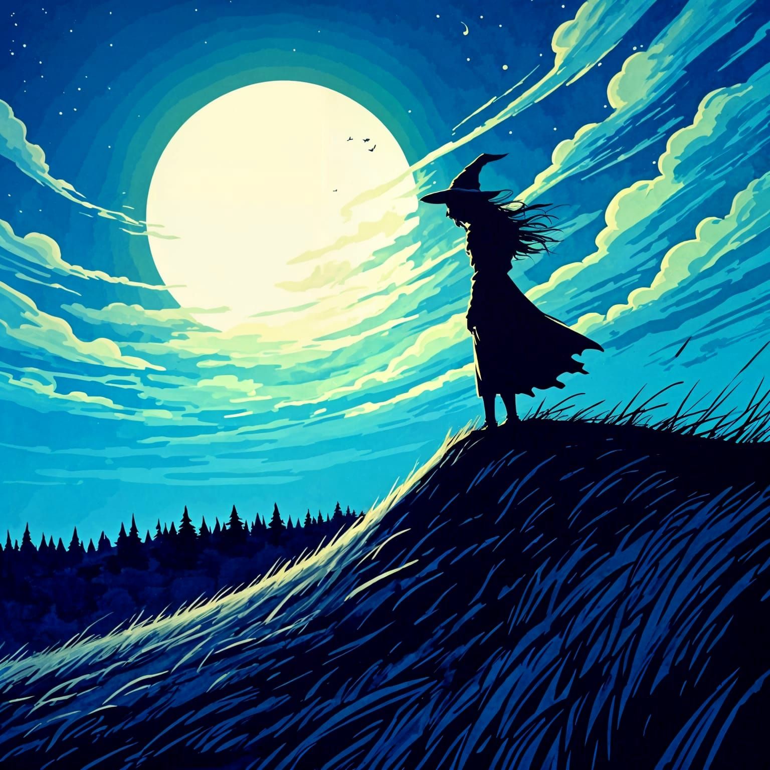 A young witch on a hilltop 