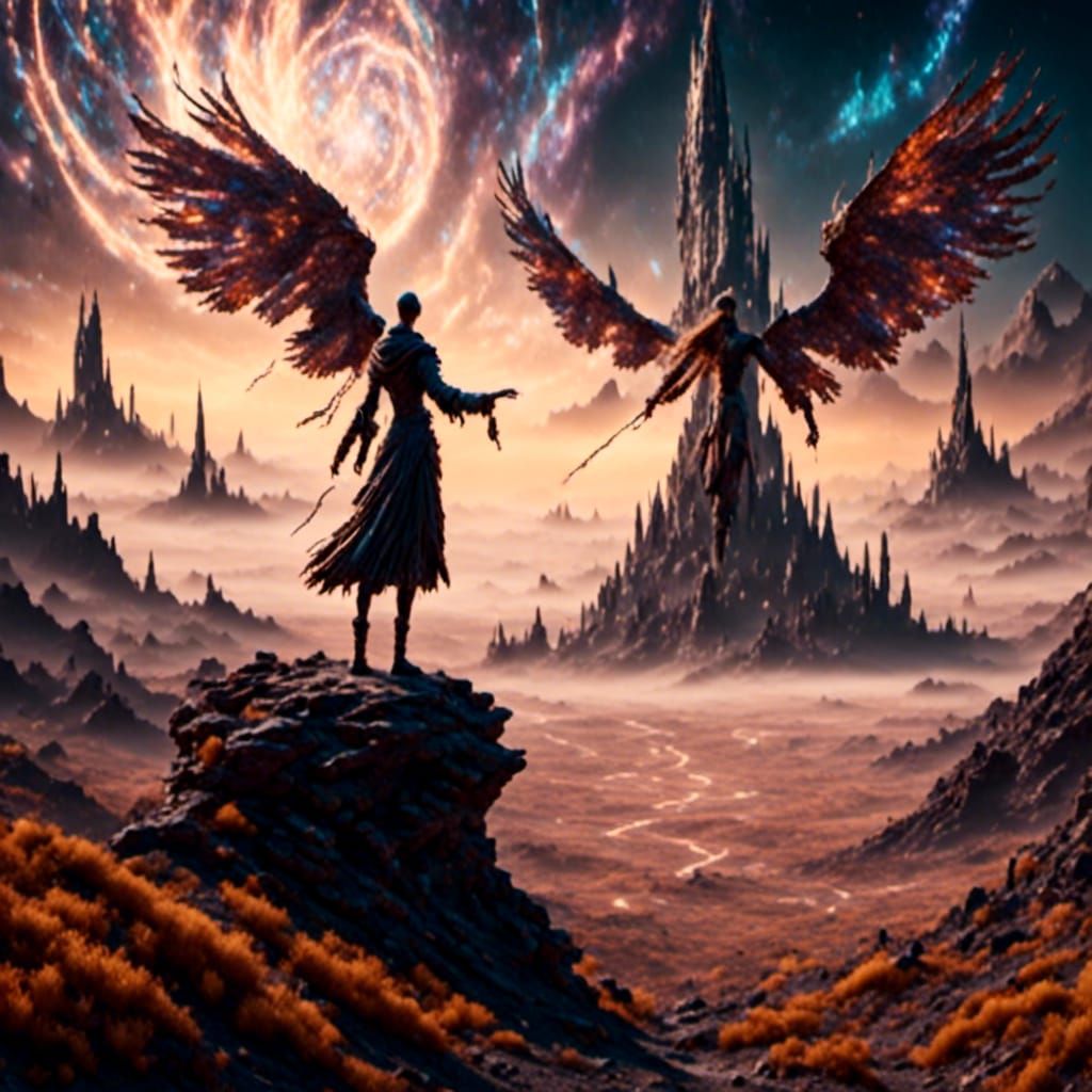 Mystical Figure Casting Spell on Barren Landscape