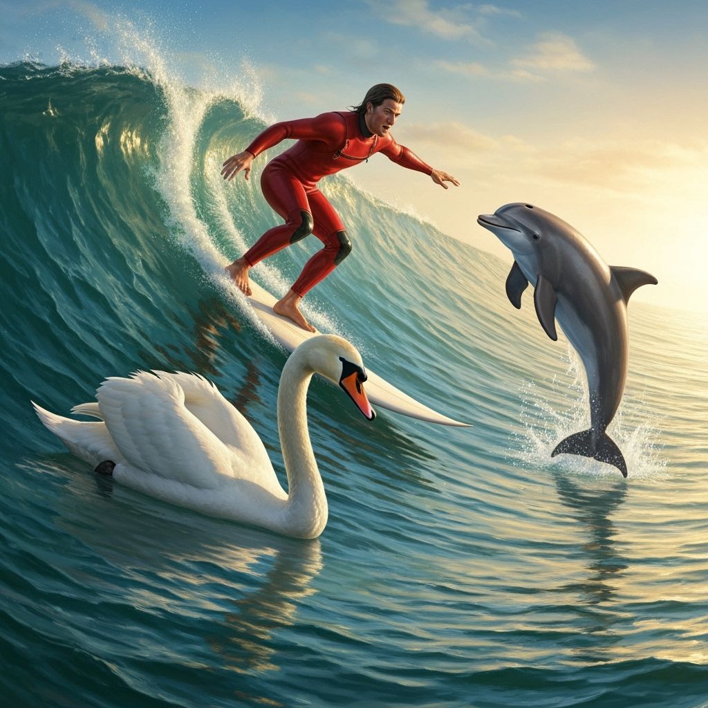 Surfer, Swan, and Dolphin Ride a Golden Wave