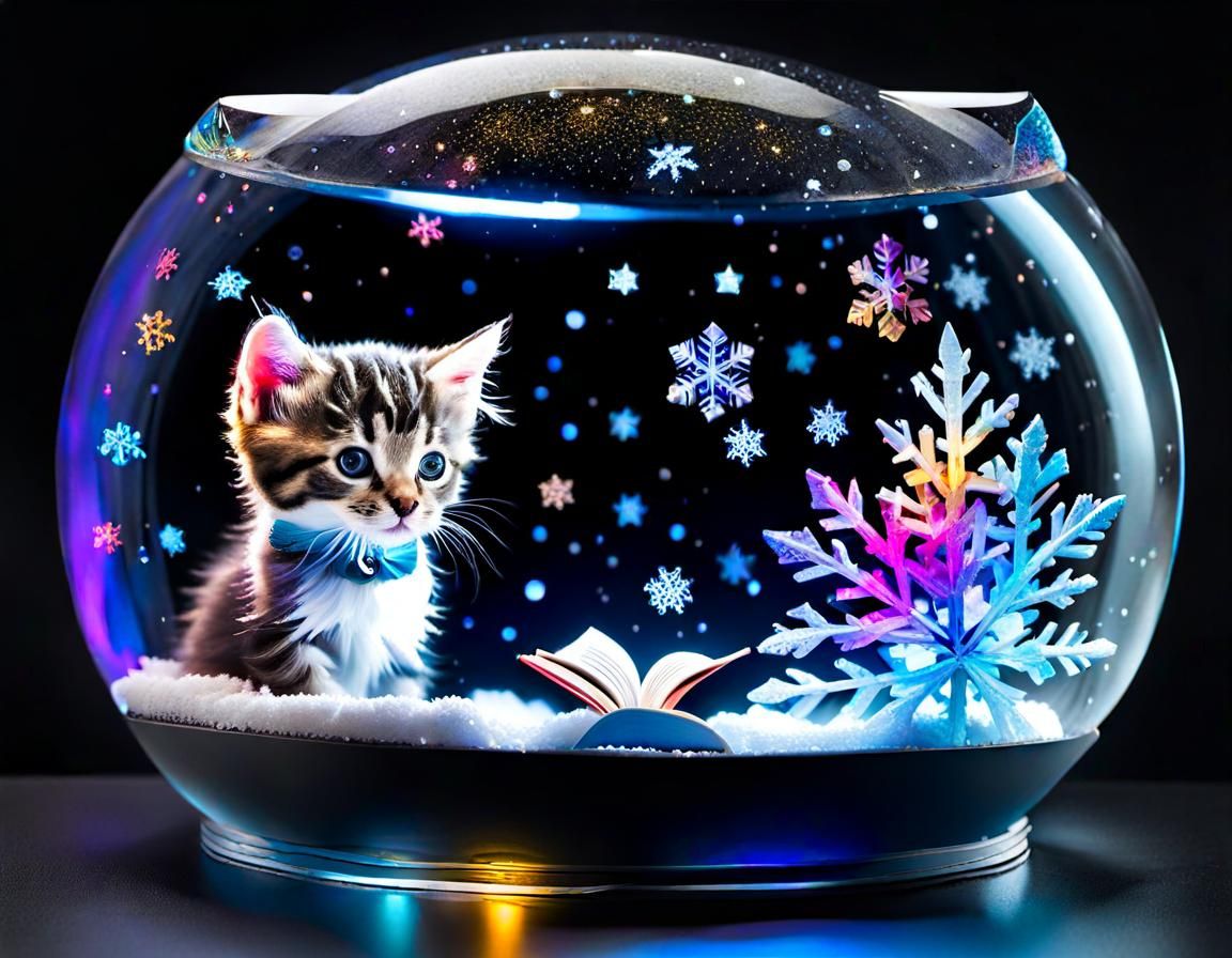 Kitten Reading in Snow Globe, Painterly Style