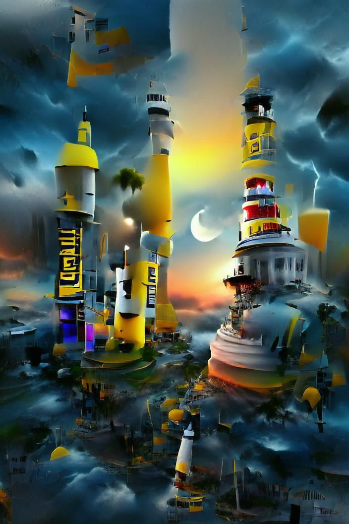 Cloudy Twilight Satellite lighthouse city yellow maximalist ...