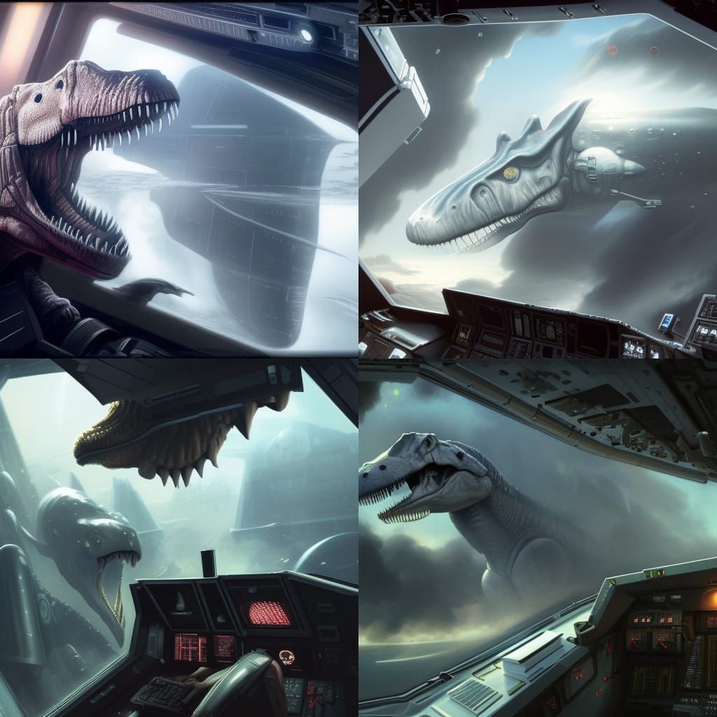 smiling tyranasaurus rex in cockpit of a space shuttle at the controls