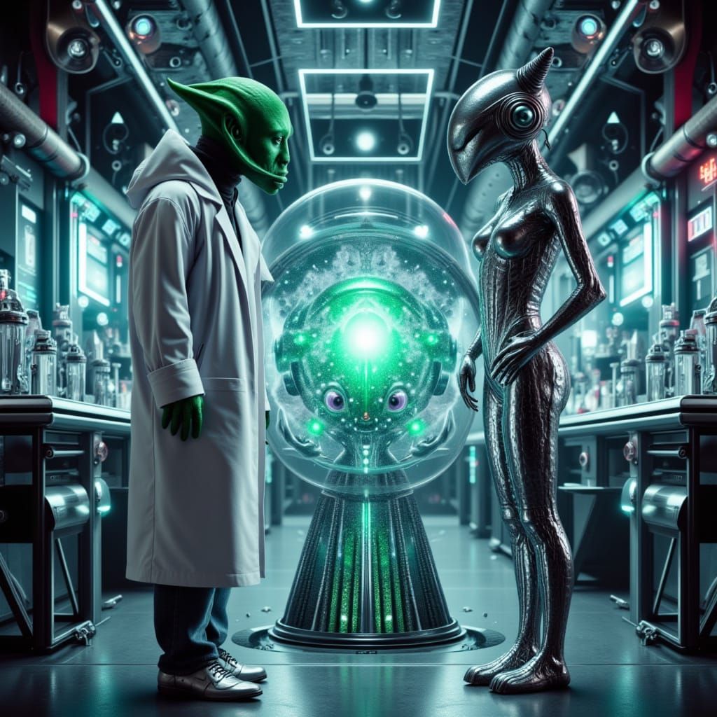 Futuristic Lab: Scientist and Martian Study Holographic Viru...