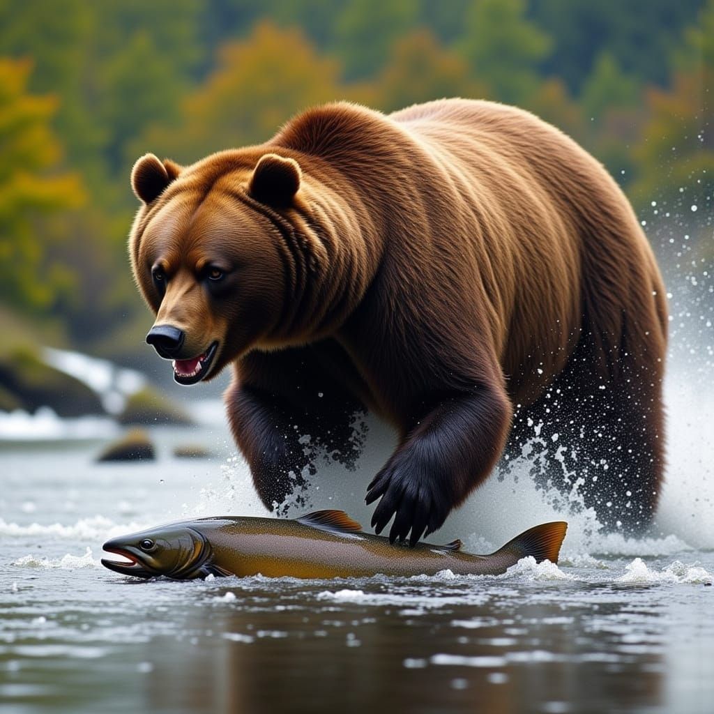 <lora:Bearable Flux:1.0> <lora:Flux Water:1.0> <lora:Mountainous Flux:1.0> “a bear catching a salmon out of a river”