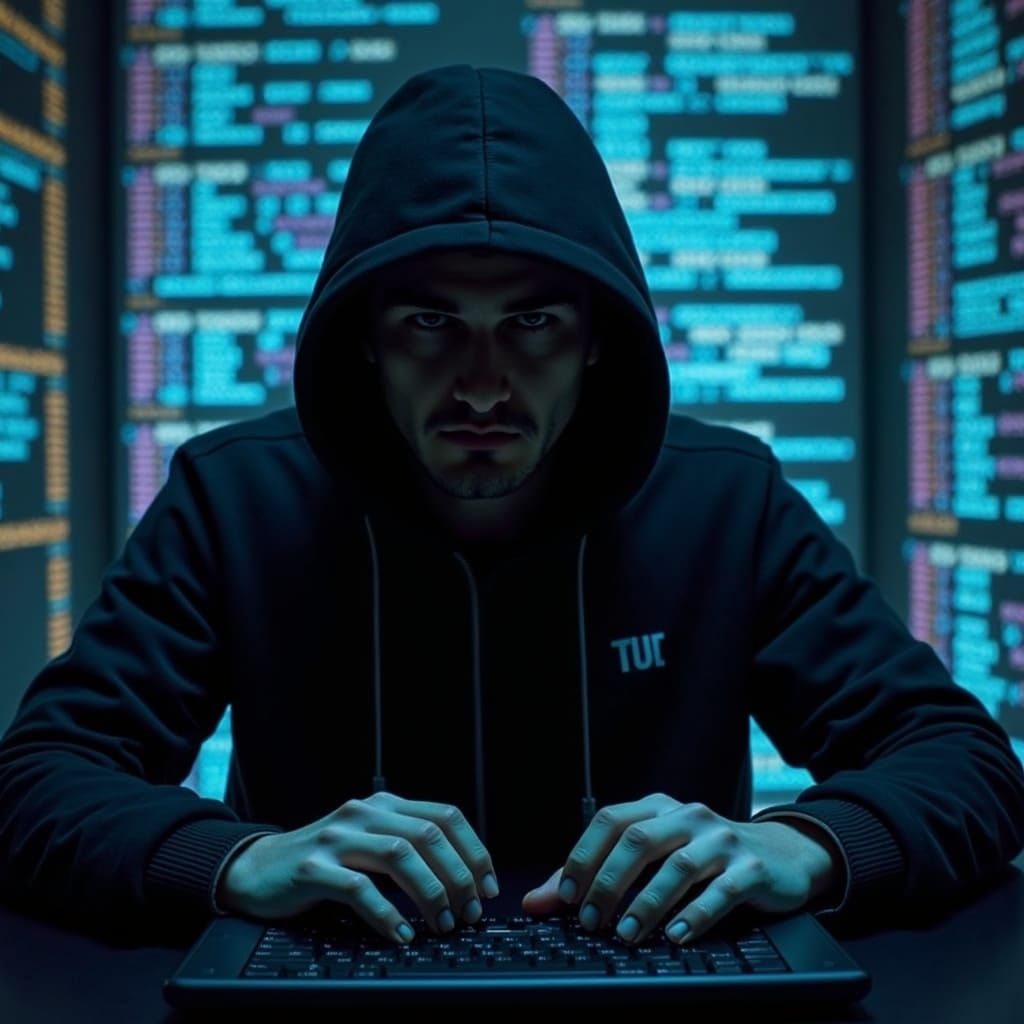 Mysterious Figure in Cyberpunk Attire, Surrounded by Soft Gl...