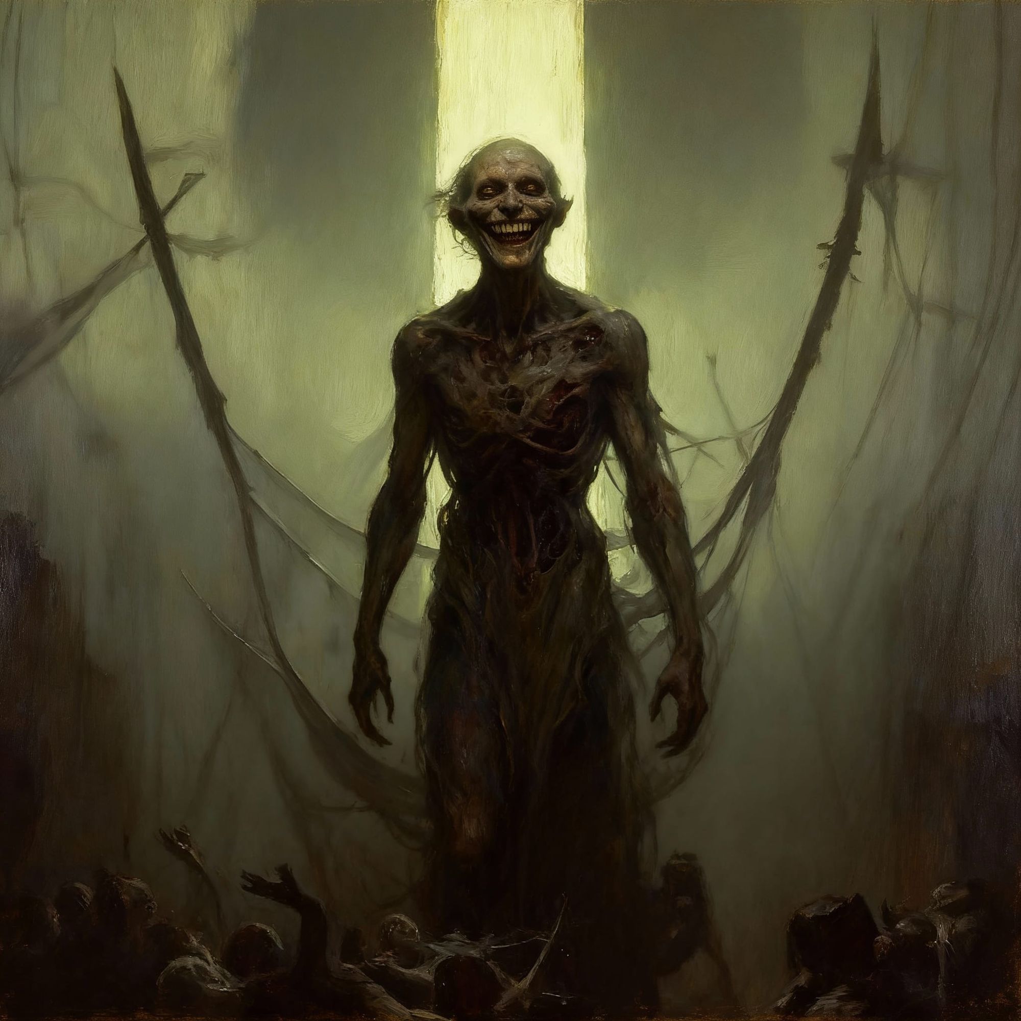 a grotesque, tormented figure with a disturbing smile. The artwork evokes the style of classic horror illustrations, rendered with dramatic ...