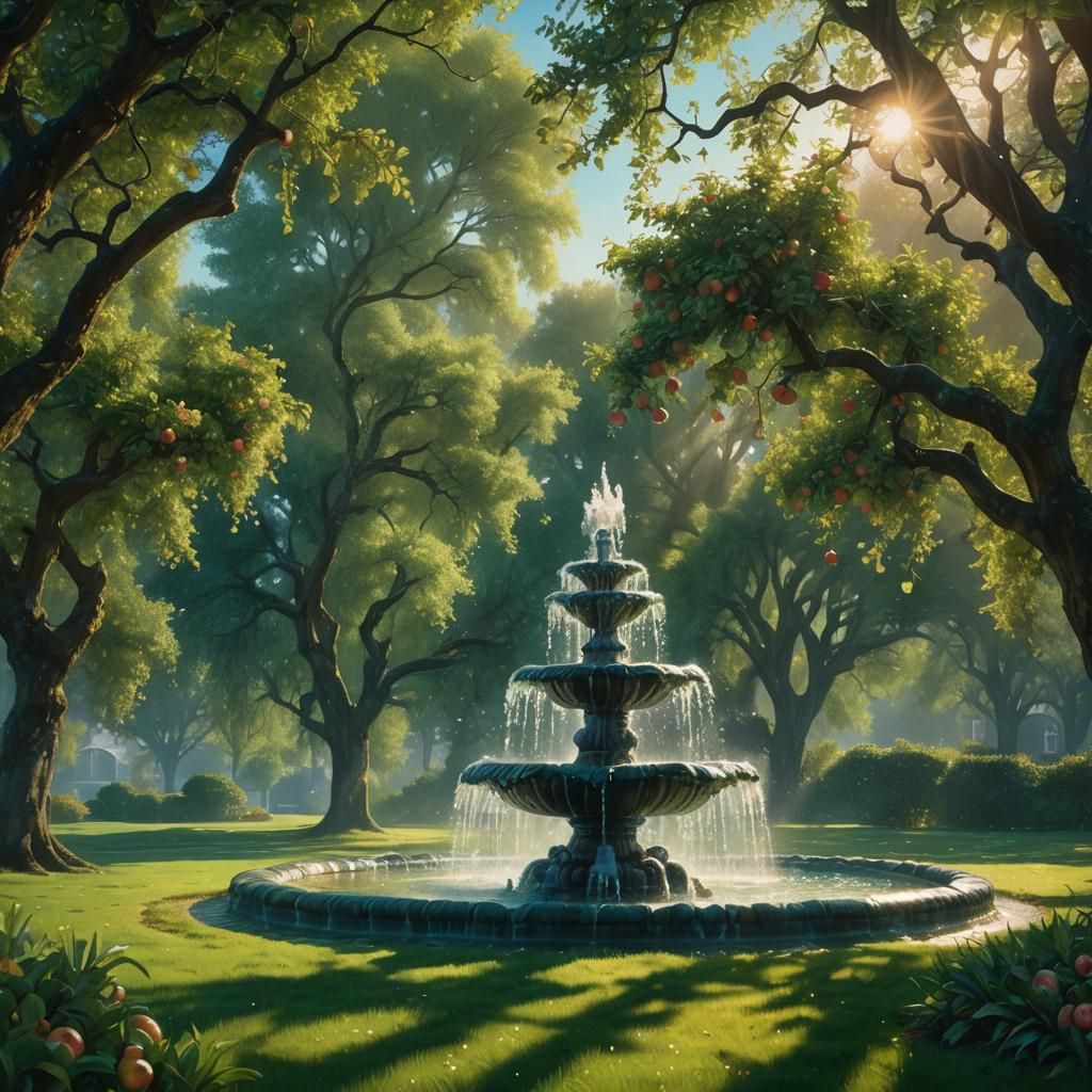 Majestic Fountain Sprays Water, Vibrant Oil Painting
