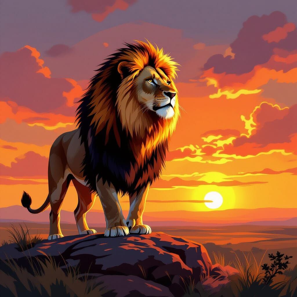 Powerful Lion on Savanna at Sunset Digital Painting