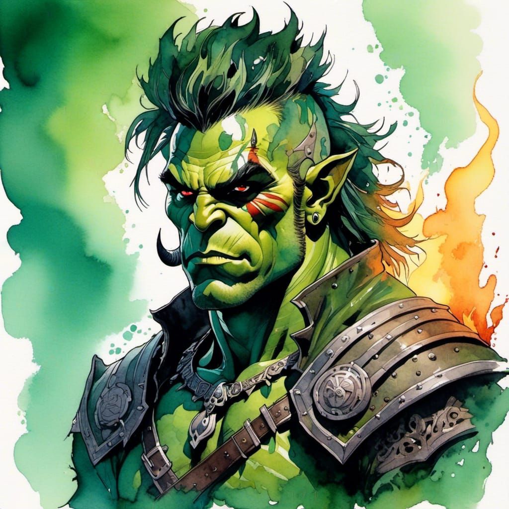 <lora:Inhuman:1.0>  waist up portrait Gorgeous tattooed green male pin up orc warrior with attractive outfit, wild hair, sinister and powerf...