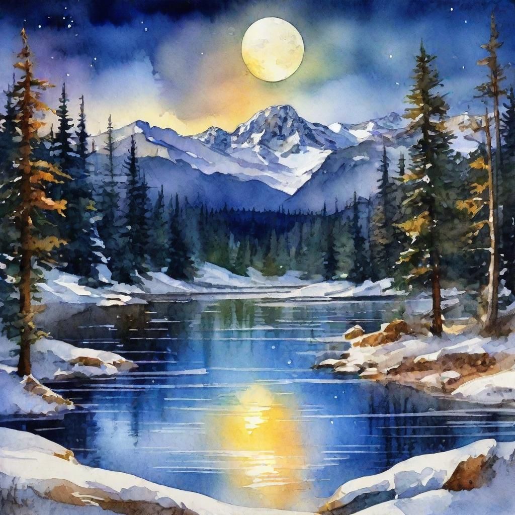 post-impressionist watercolor winter Yellowstone landscape