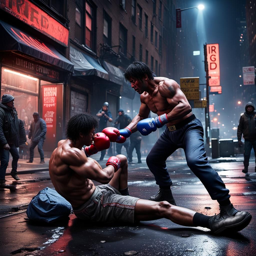 Rocky balboa punching homeless in street new york city lit up under
