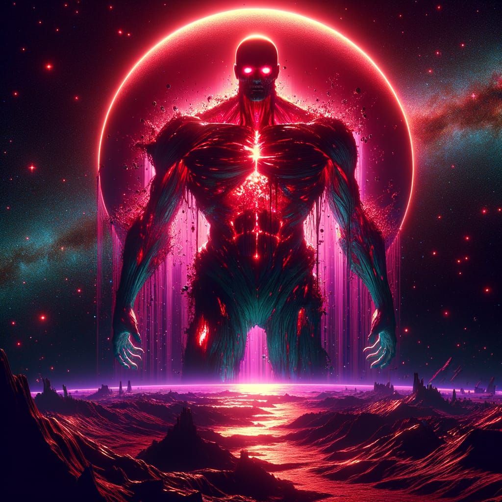 Create a CGI style image in dark, futuristic style of a titan-like life force in space, absorbing the energy from a planet. The titan-like f...