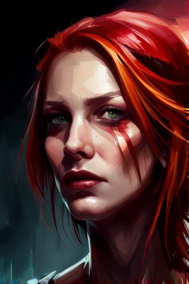 redhair woman, post-apocalyptic style, oil painting, desatur...