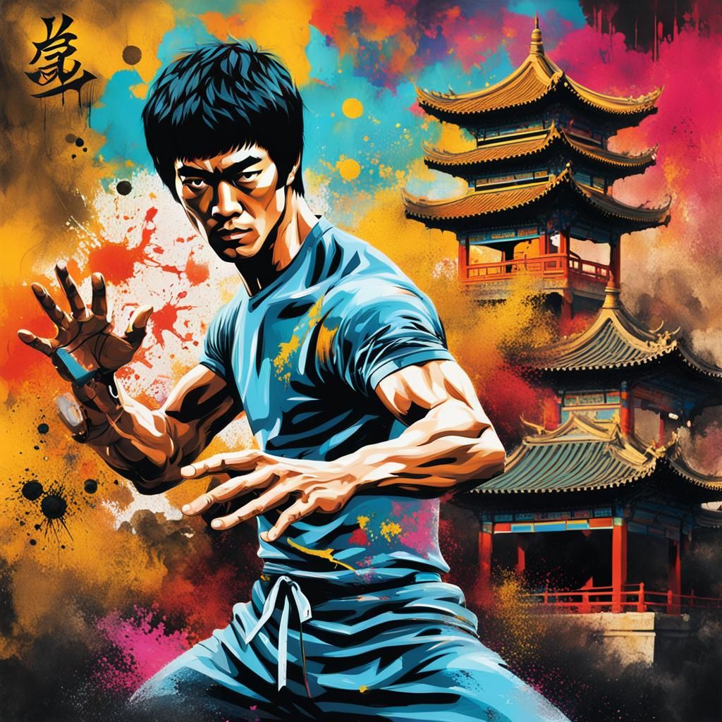 Bruce Lee in classic pose with ancient Chinese scenery behin...