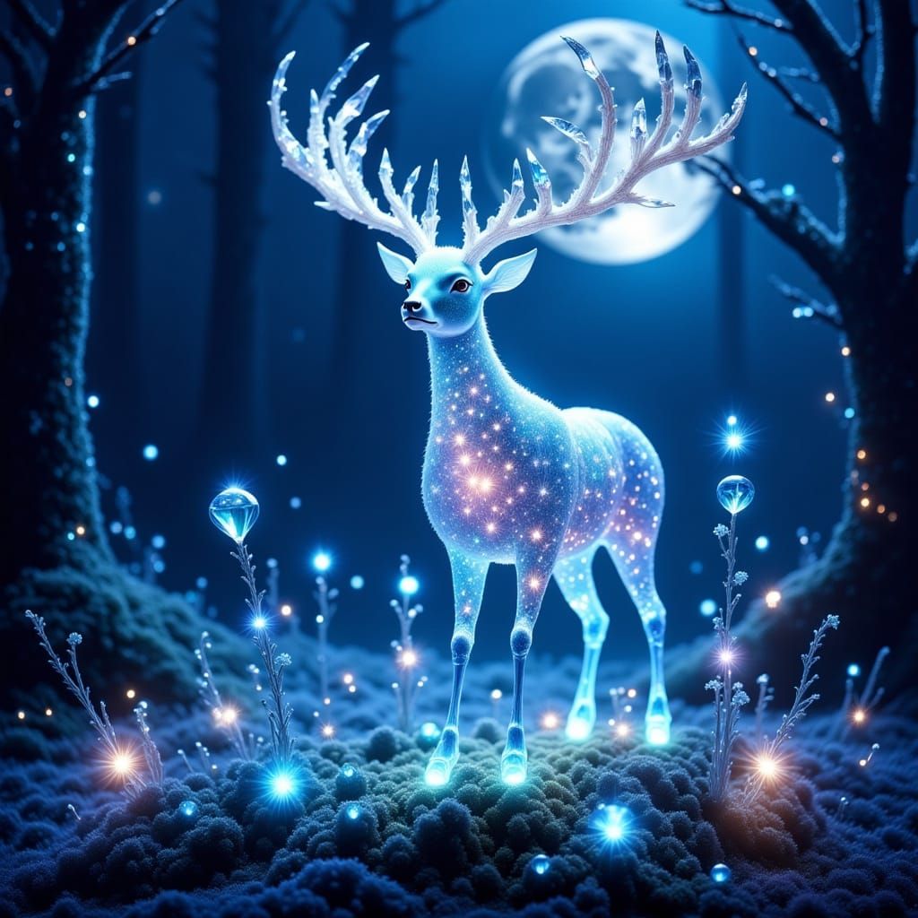 crystal deer in a beautiful forest, nighttime   by @Girlygo070