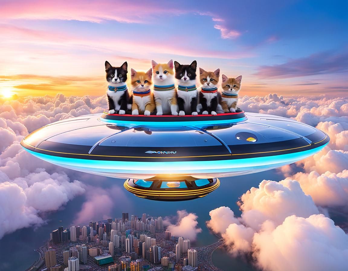 Six cats are taking UFO travelling above the clouds overview...