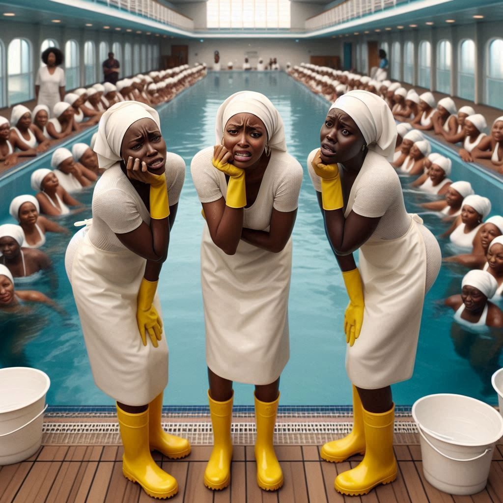 Three tired 25 year old nigerian women with forced joyful fa...