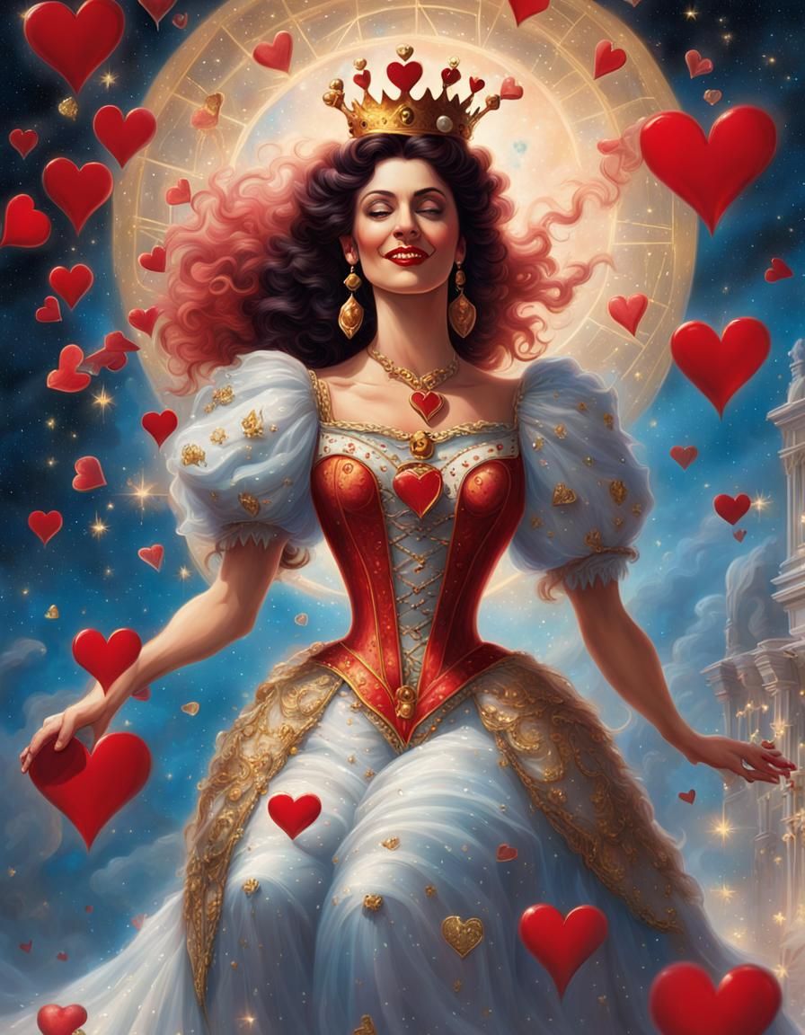 Image of a playcard.  The  gorgeous, stunningly perfect hourglass shaped extremely sensual playcard smiling queen of hearts on this card is...