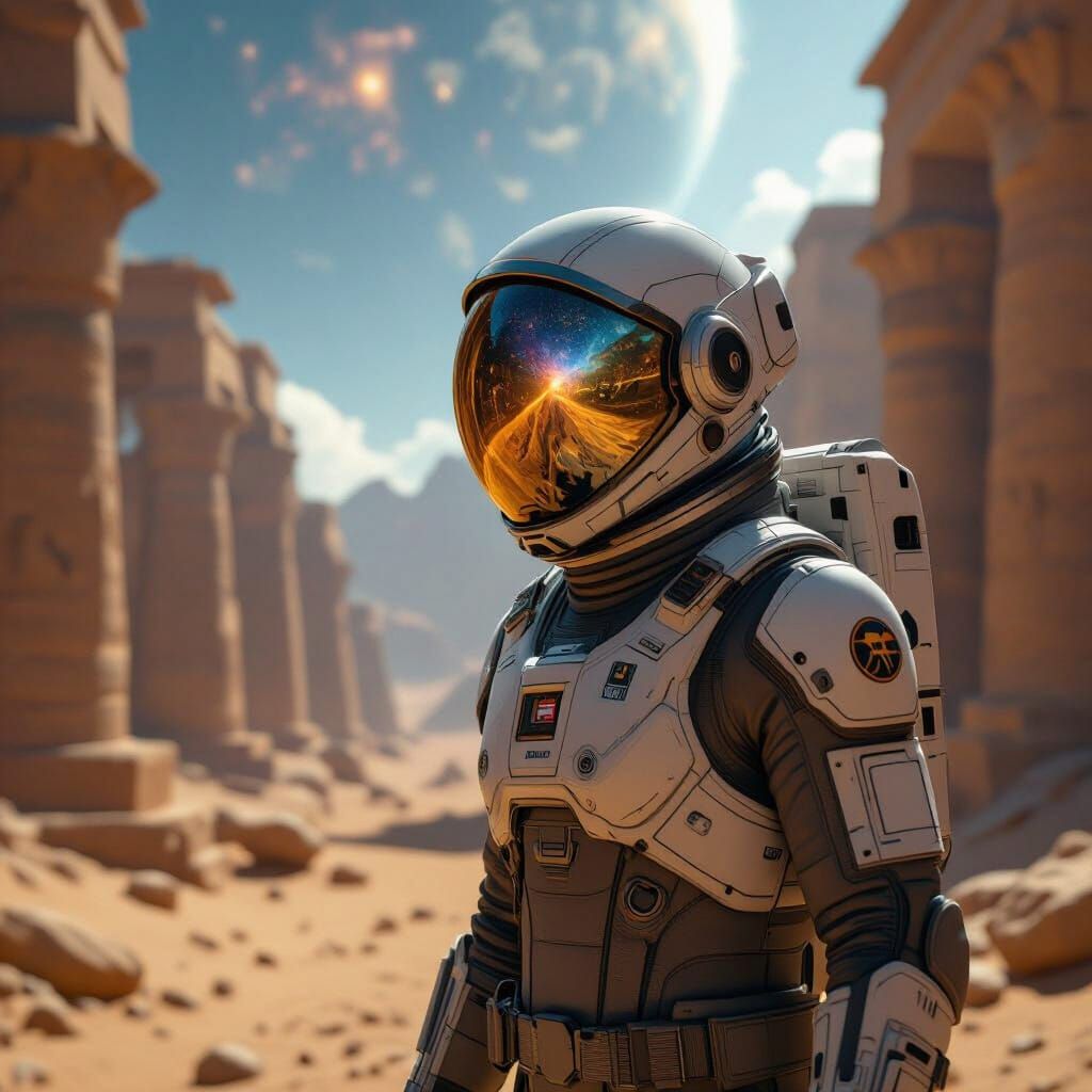 An astronaut in modern suit exploring ancientEgyptian ruins 3000 years from now. The universe is reflected in the visor.