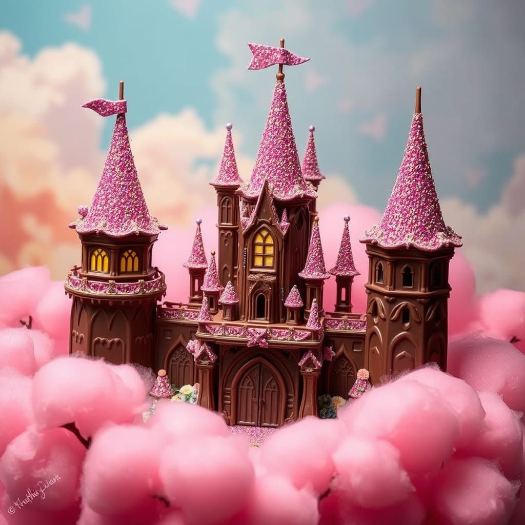 A fantasy chocolate ganache castle glistening with sparkly sugar on the turrets and windows and set in ...  by @Dengate Design