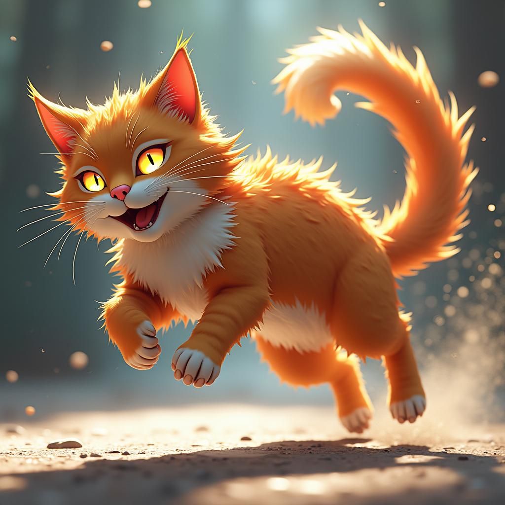 Cat's Serene Upper Body, Frenetic Lower Body in Anime Style