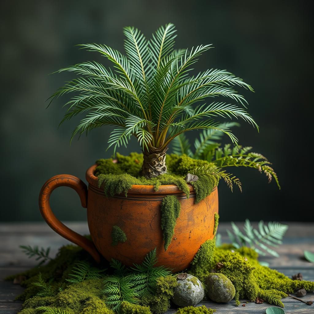 Palm Tree Sprouts From Cup in Botanical Style