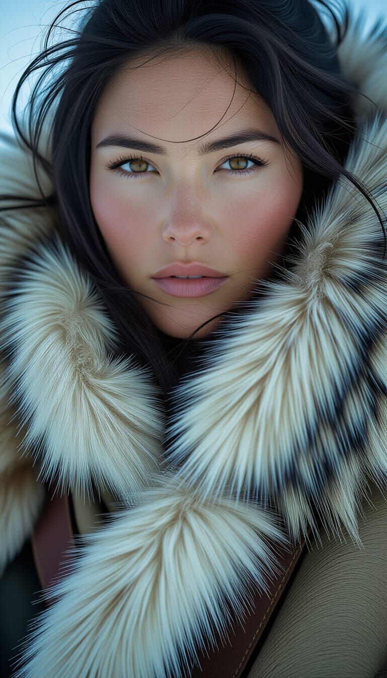 (Arctic survival portrait:1.5) of a resilient Inuit woman, with wolf-fur trim and a (hide parka loosely tied at the waist:1.4), tracking acr...