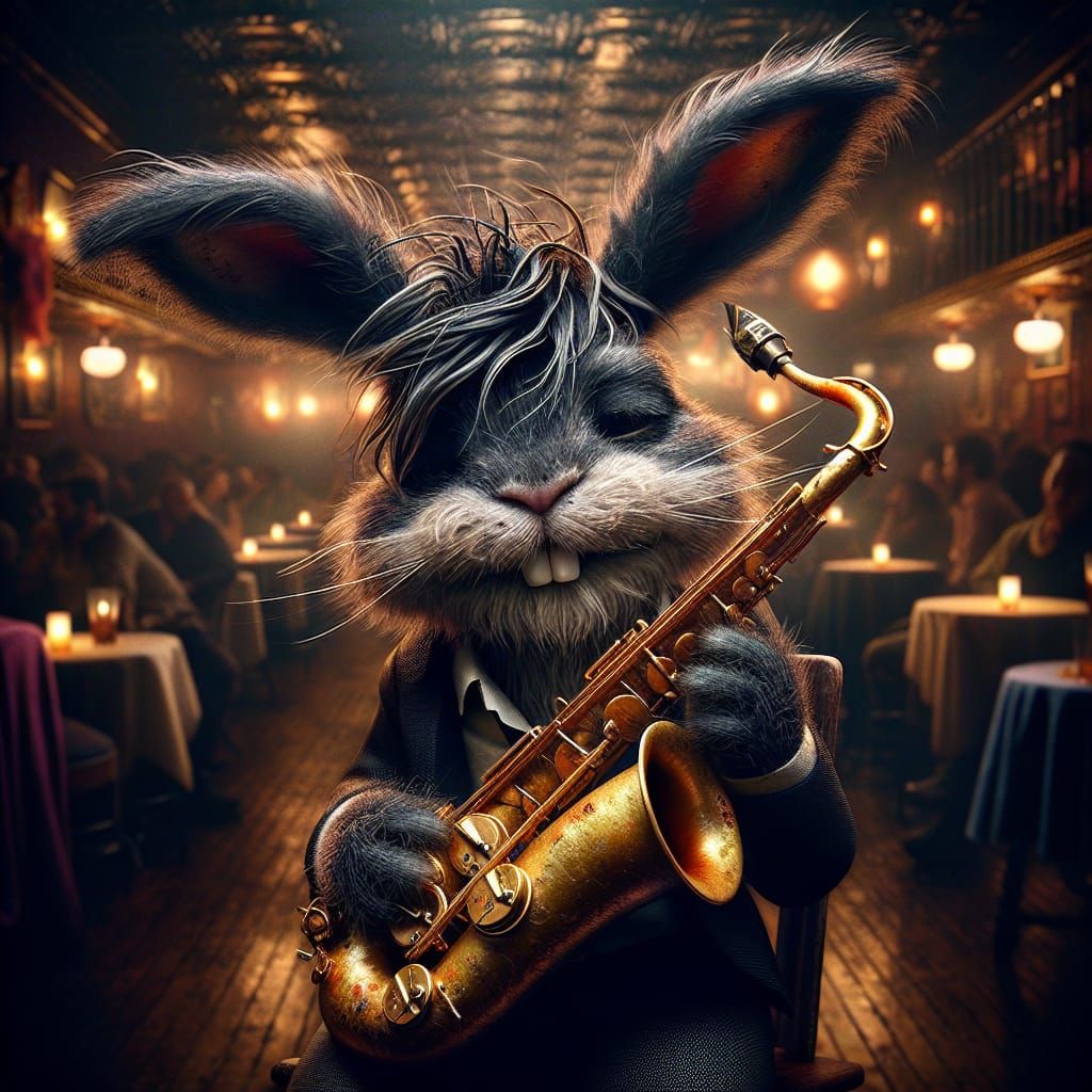Create a hyperdetailed photorealistic macro image of an anthropomorphic cute adorable musician rabbit. ...  by @ByToi
