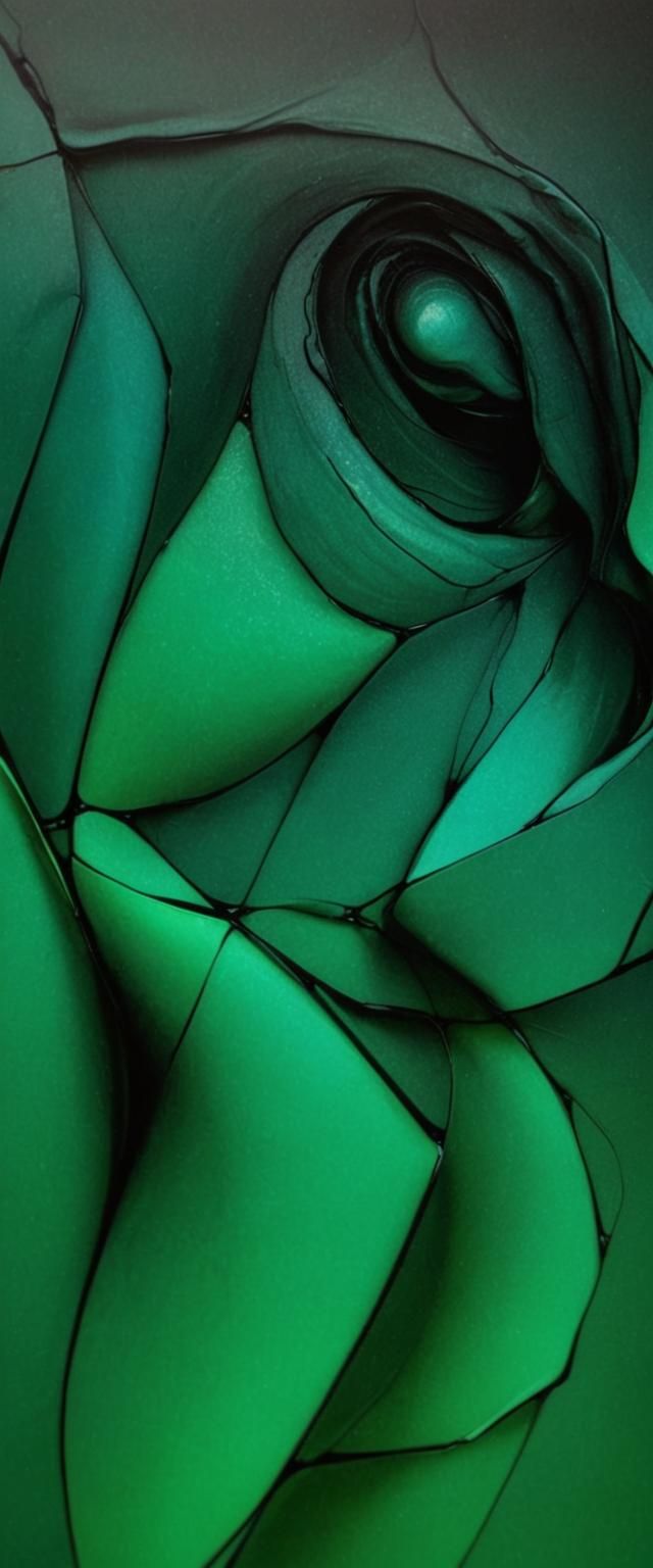Abstract green hues and dark lines intertwine to create an e...