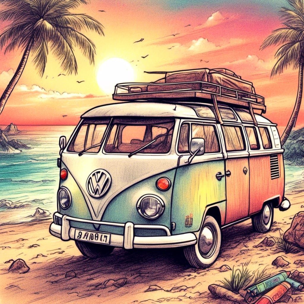 <lora:Pencils and crayons:1.0> (Pencils and coloured crayon) vintage VW campervan on a tropical beach. Sunset. Luminous 