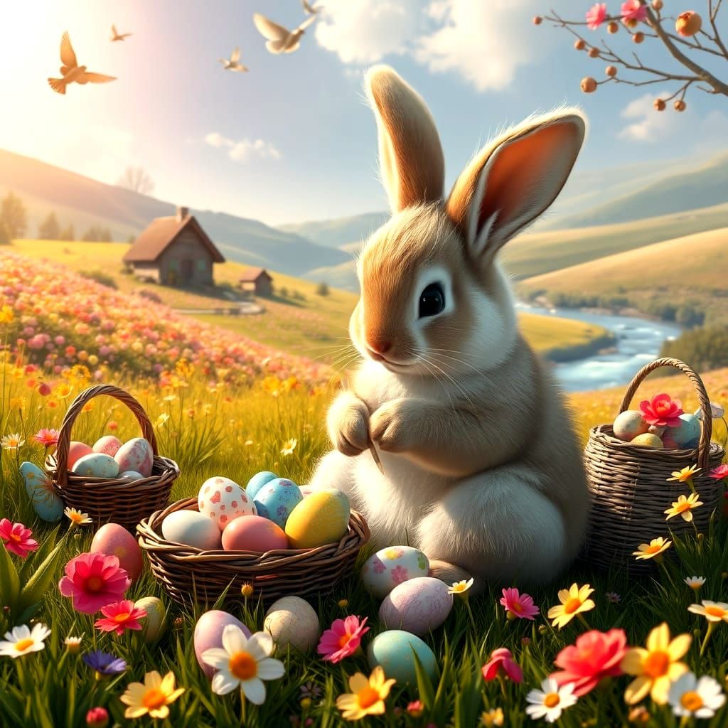 Whimsical Easter Bunny Painter in a Fairytale Spring Meadow