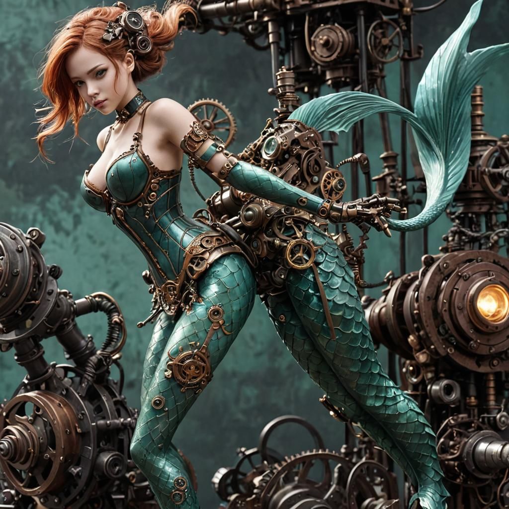 Mecha Steampunk Automaton robotic Mermaid  Visible Gears, Springs, Sprockets, Timing Belts, etc