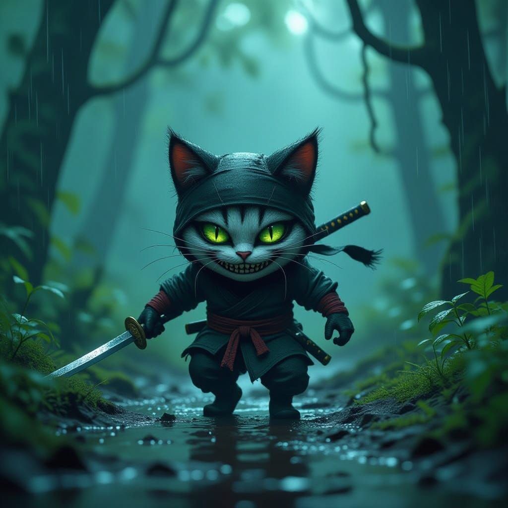 Whimsical Ninja Cat Emerges from Dark Rainforest